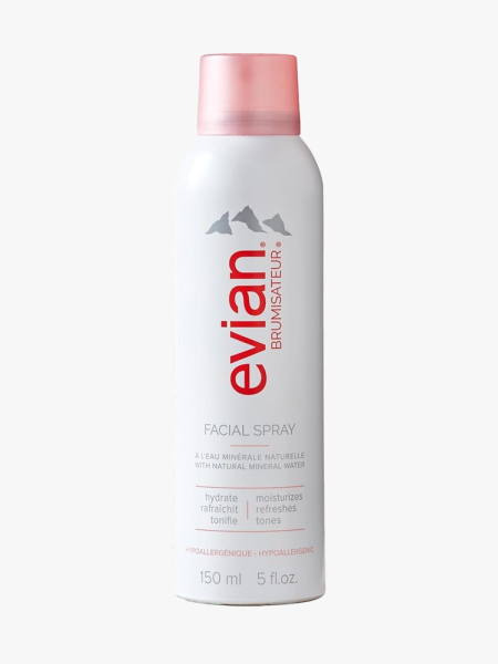 Evian Facial Spray in branded component on a light gray background
